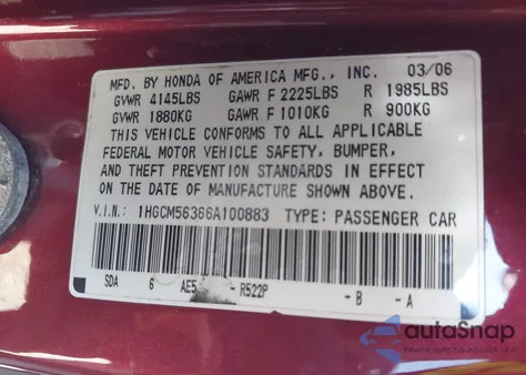 2006 Honda Accord 2.4 Se from USA, damaged, VIN 1HGCM56366A100883